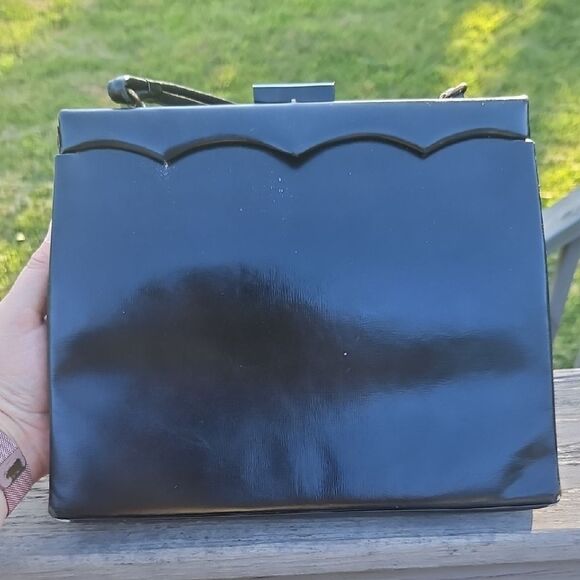 Vintage Black Structured Top Handle Handbag with Satin Interior - Picture 1 of 8
